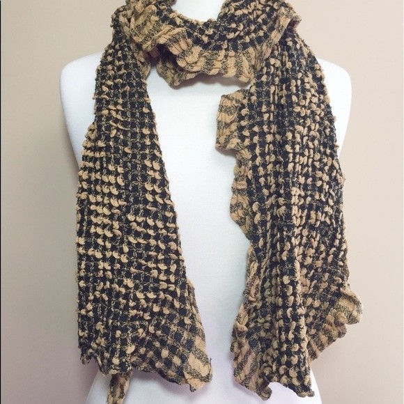 Black & Gold Brown Tan Puckered Long Scarf - Picture 1 of 5